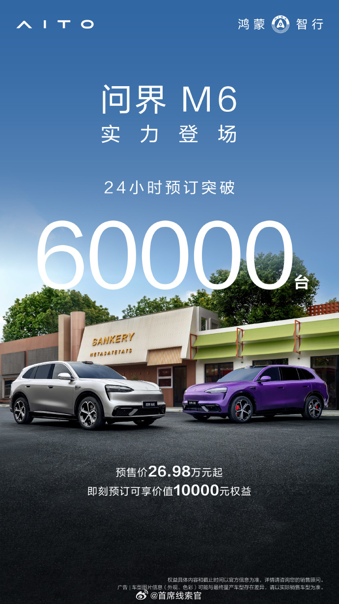 问界M6 24 小时订单突破 60000 台。308_IO新能源汽车