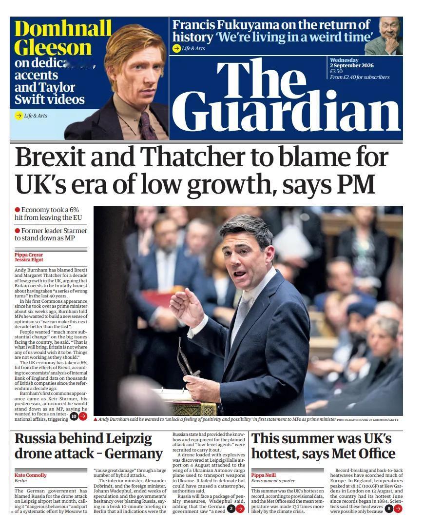甩锅？据《卫报》报道，英国首相安迪·伯纳姆将英国十年低经济增长归咎于脱欧和前首相