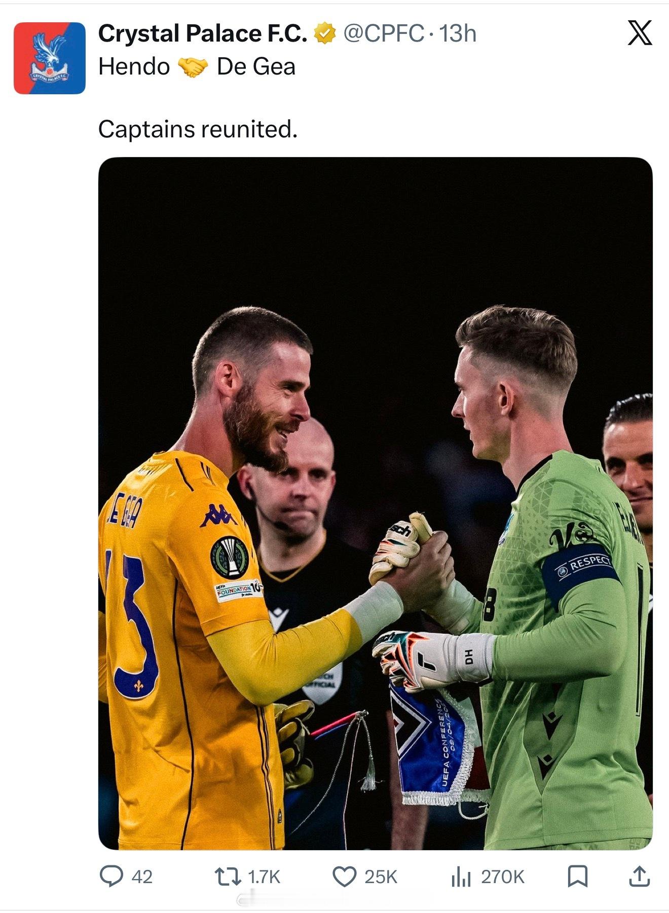 水晶宫官推：俩曼联队长重聚德赫亚 亨德森好奇妙 