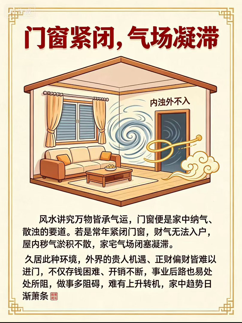老肖漫谈老肖漫谈 风水讲究万物皆承气运，门窗便是家中纳气、散浊的要道。若是常年紧