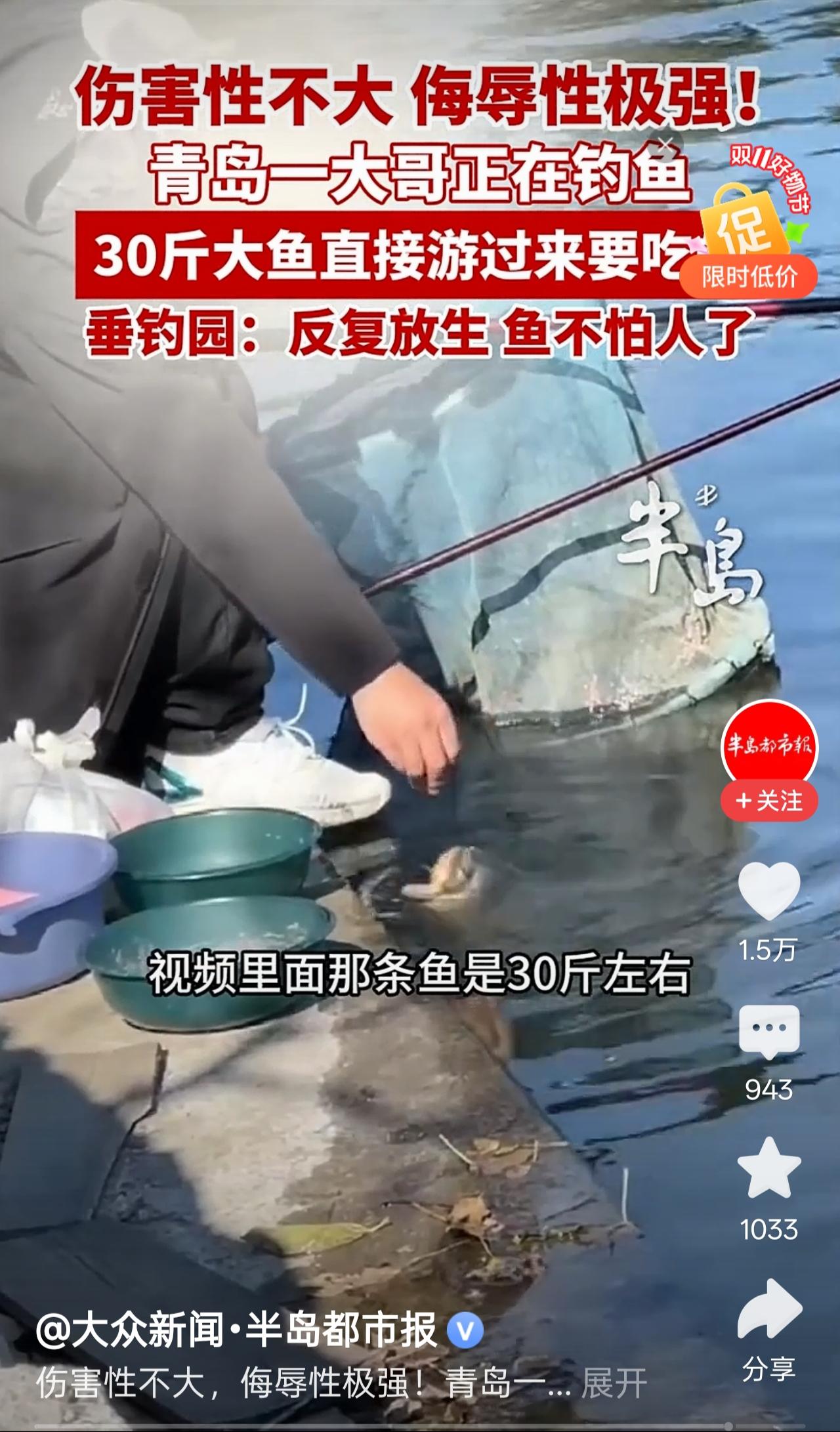 青岛一大哥正在钓鱼
30斤大鱼直接游过来
要吃的伤害性不大，侮辱性极强


11