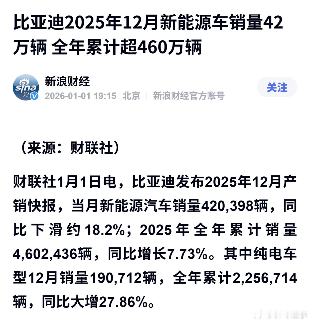 比亚迪2025年12月新能源车销量42万辆 全年累计超460万辆 