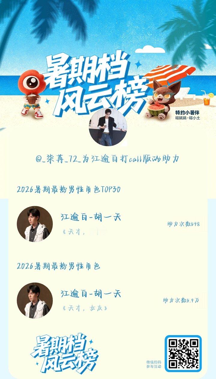 【暑期档风云榜】活动进行中，快来助力他成为今夏最热！2026暑期最热男性角色 暑