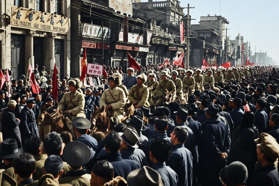 1949年2月3日，中国人民解放军北平入城式的盛大场面。照片中，解放军骑兵部队整