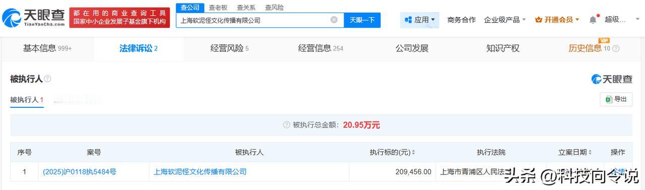 【RNG旗下软泥怪公司被执行20.9万 软泥怪公司成被执行人】
天眼查App信息