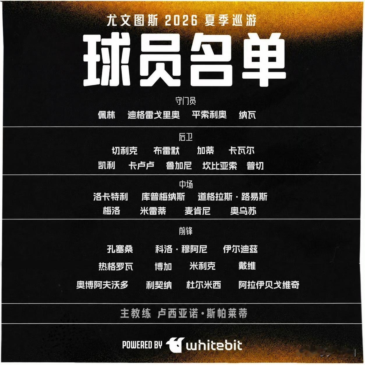 出发✈️尤文2026夏季巡游大名单出炉，以下球员将随队前往香港、澳大利亚。