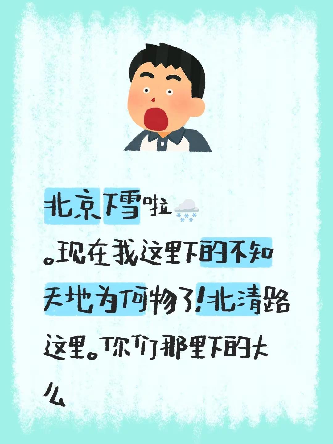 北京你那里下雪了么。北京下雪啦🌨️。现在我这里下的不知天地为何物了！北清路这里