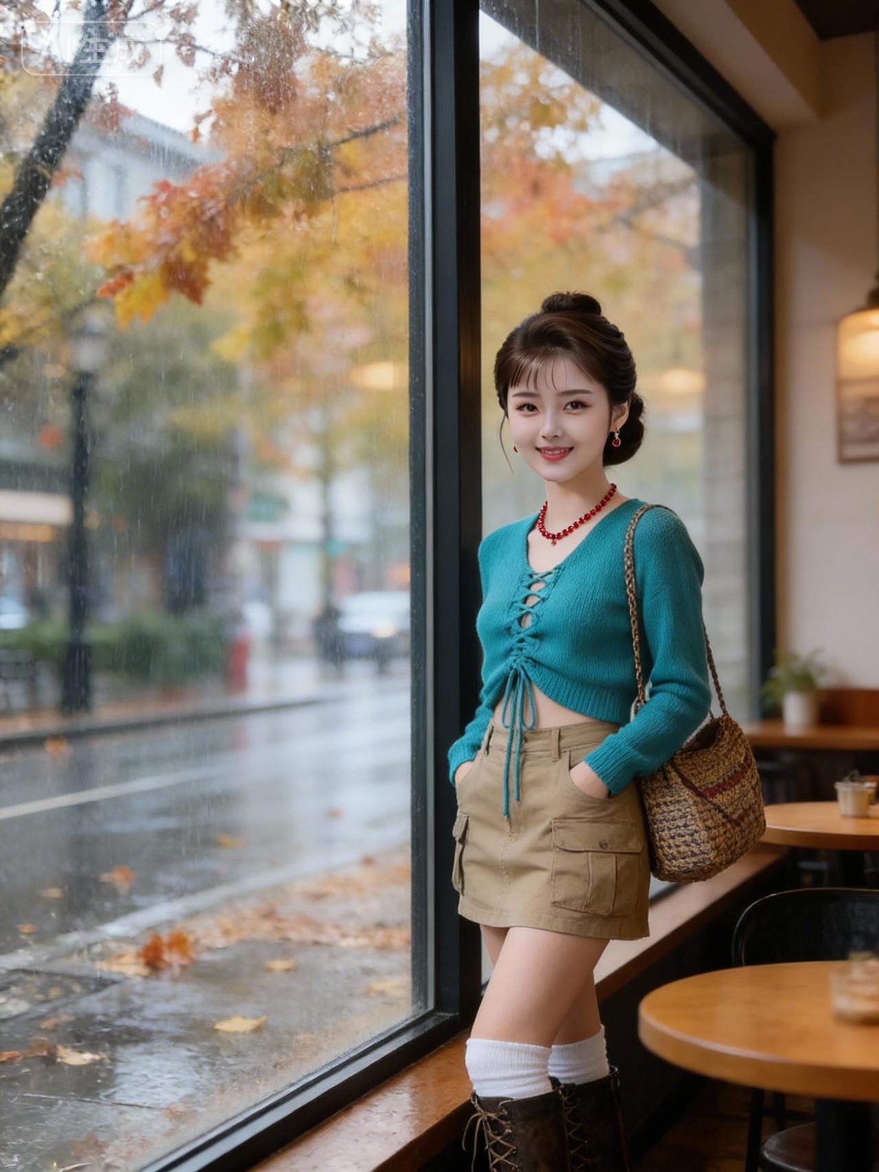 秋日暖阳下的咖啡馆，甜美女孩倚窗而立，雨中漫步的浪漫时光。