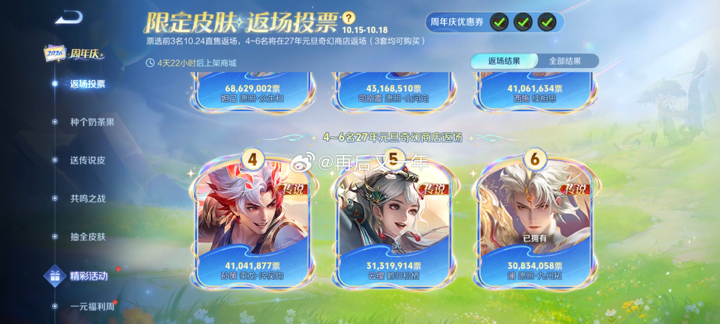 王者6款返场皮肤确定王者荣耀 周年庆返场前6款皮肤已确定[吃瓜]有大家中意的吗 