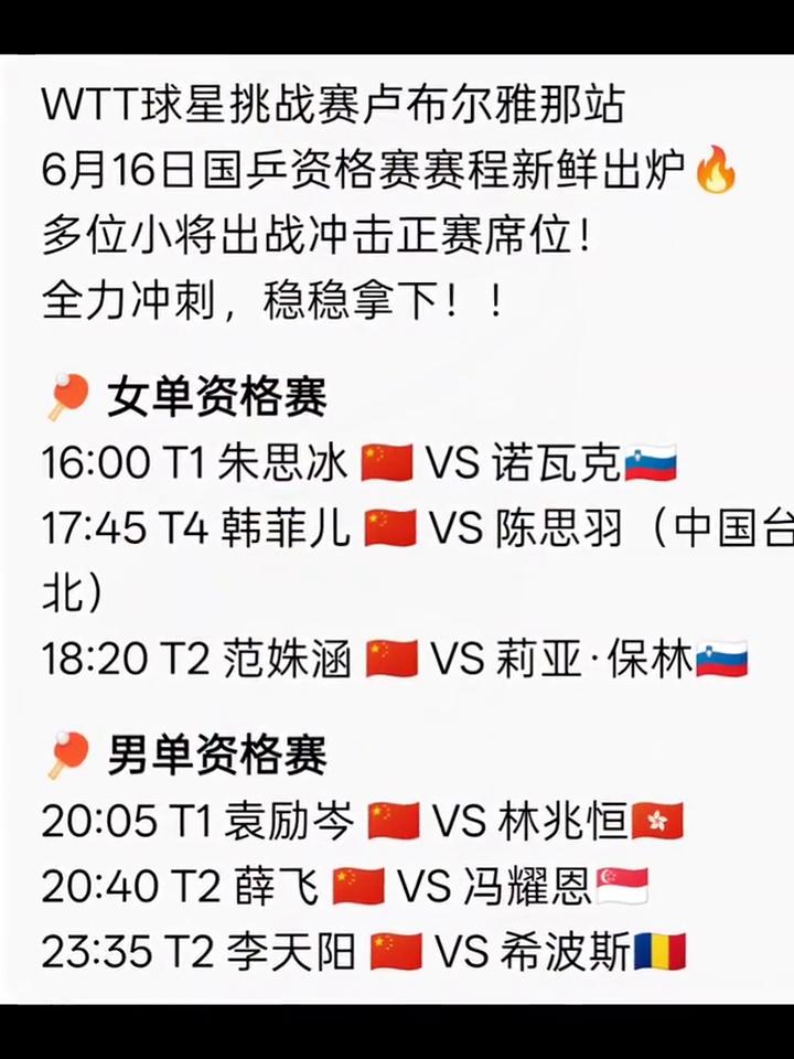6月16日国乒资格赛赛程新鲜出炉，多位选手出战冲击正赛席位！
女单资格赛：朱思冰