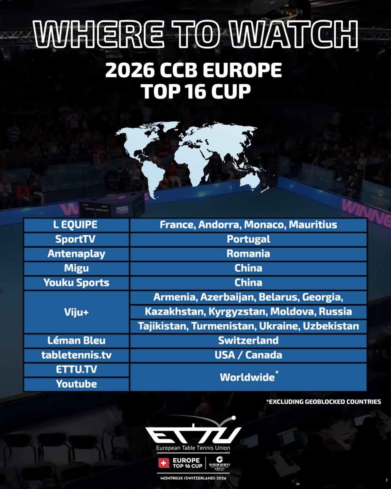 ETTU欧洲16强杯 直播平台中国：咪咕、优酷 
