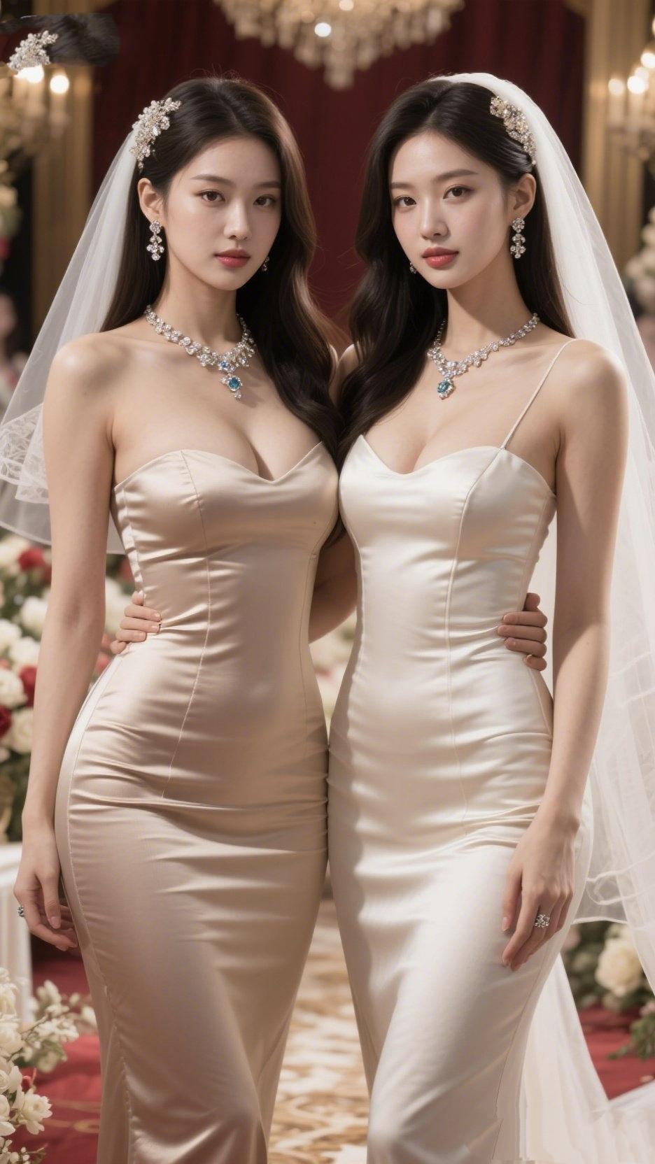 《双姝并影·婚纱赋》
 
双影亭亭立画堂，绫罗曳地映华光。
头纱轻笼云鬟软，珠钻