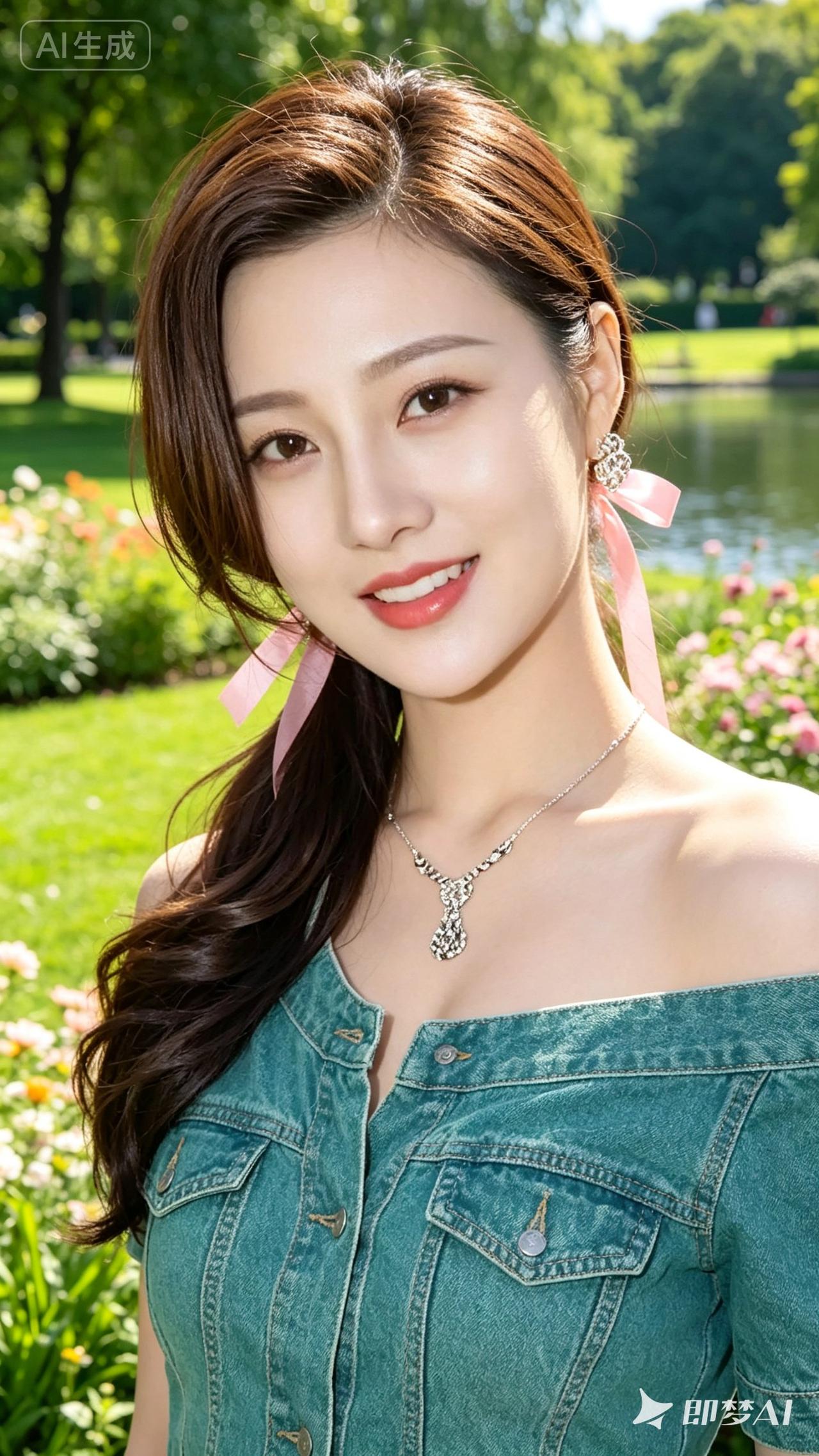 阳光明媚的公园里，甜美少女与自然美景相映成趣