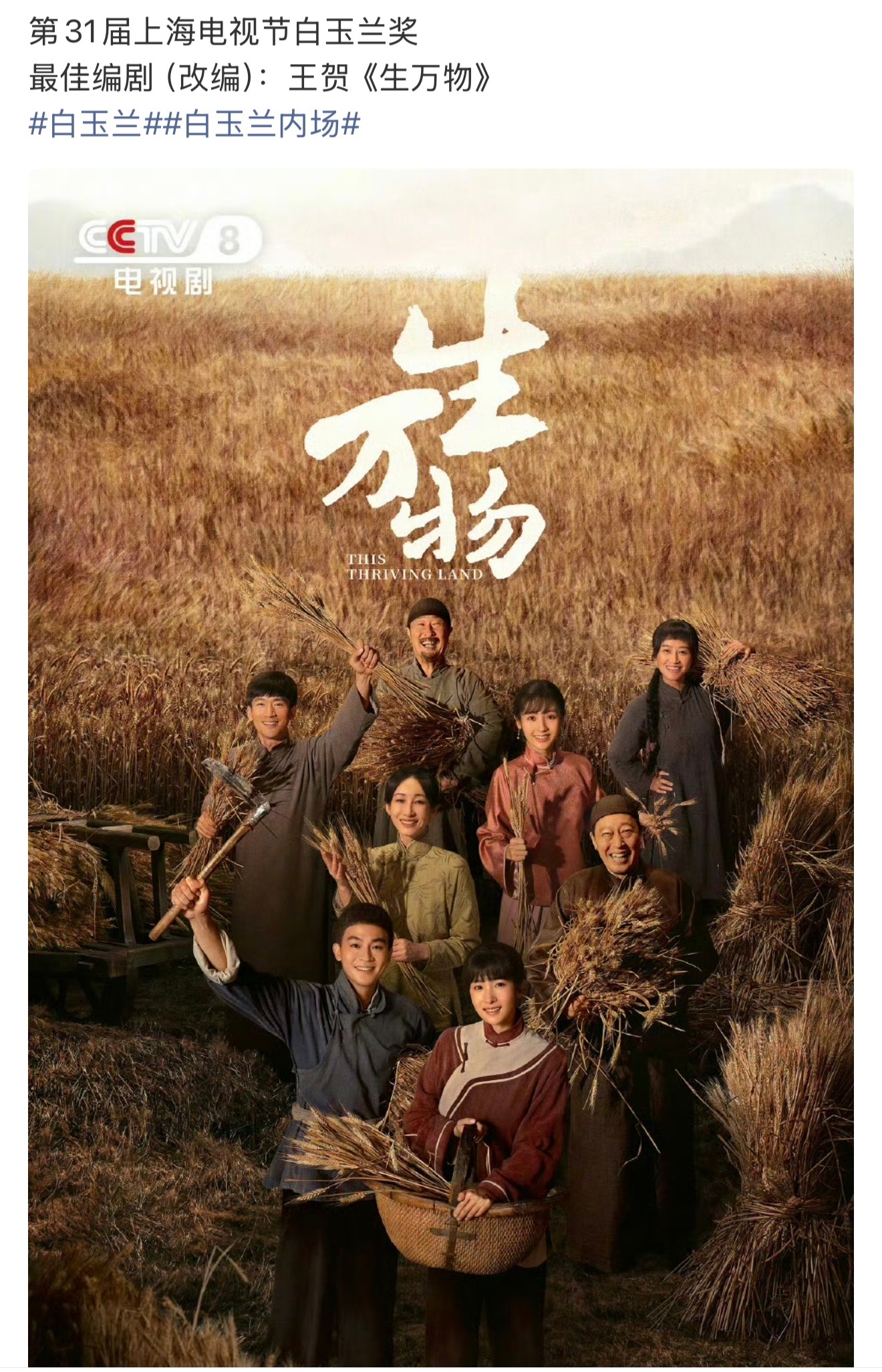 白玉兰最佳改编编剧：王贺《生万物》。 