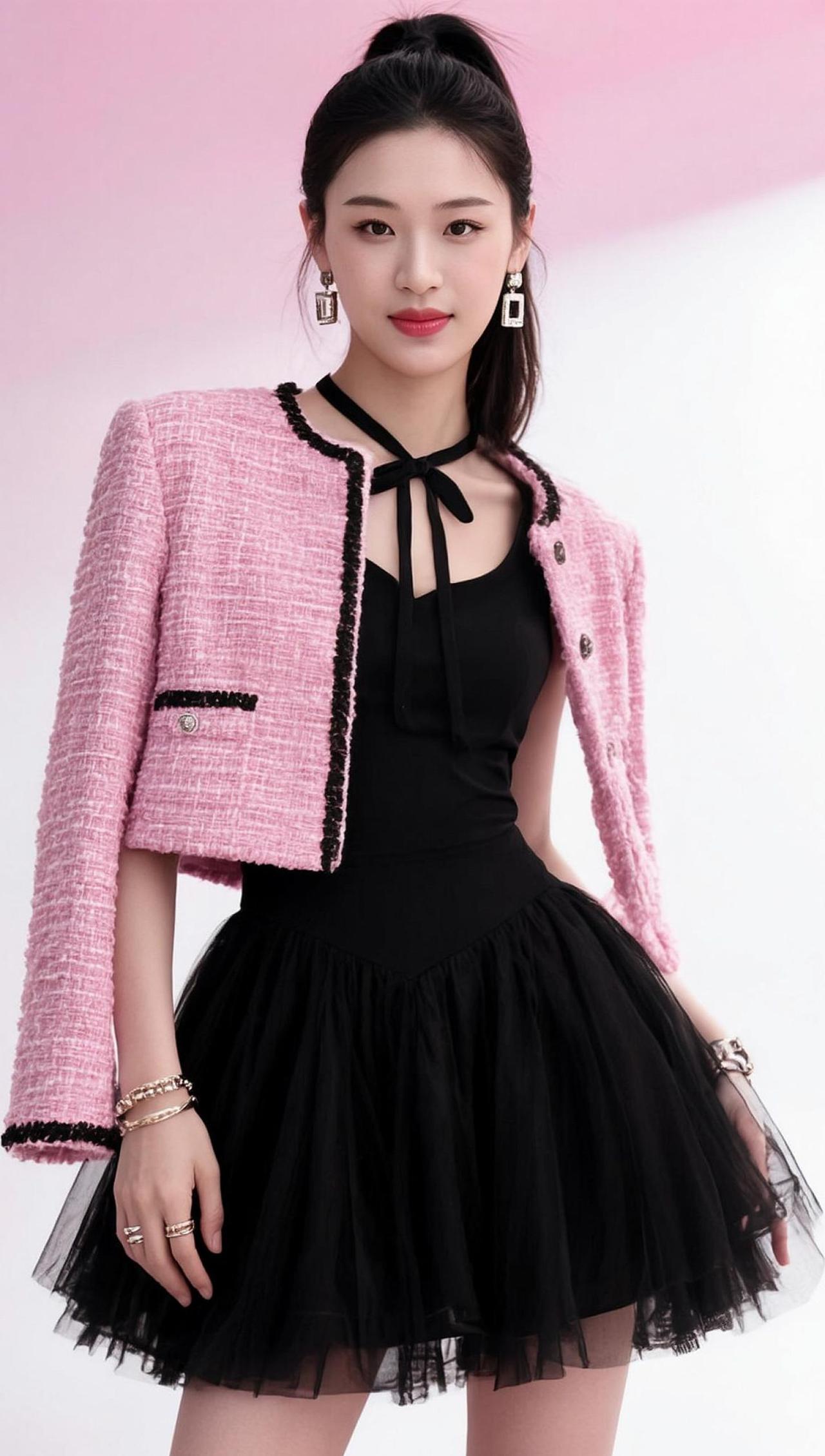 这件粉色外套搭配黑色蓬蓬裙，简直是甜美与优雅的完美结合！外套的细腻纹理和裙摆的轻