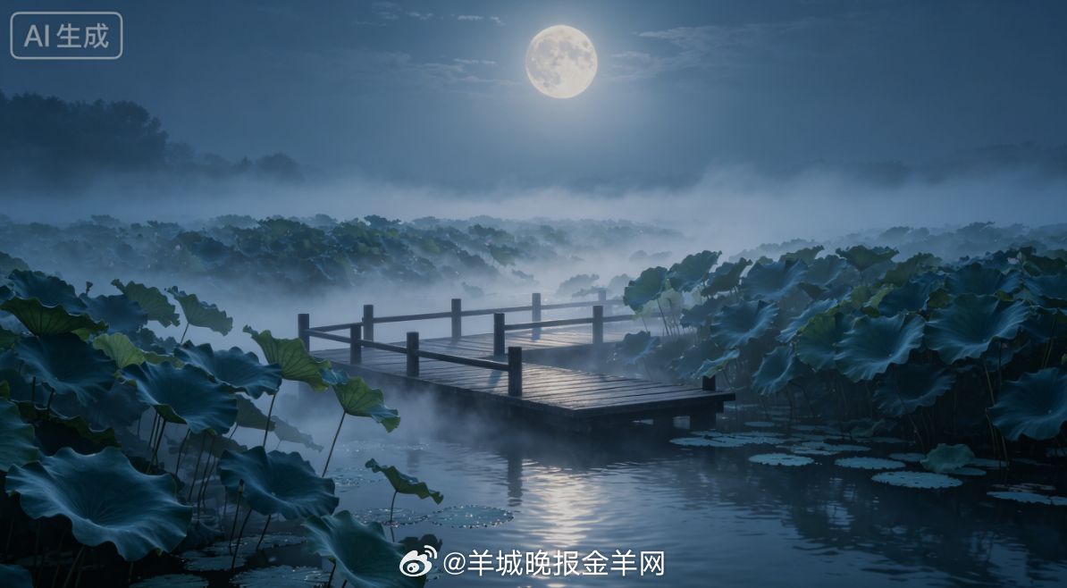 #晚安# 清辉月色铺满荷塘木榭，晚风轻摇田田荷叶，水面浮着淡淡银雾。静坐听蛙声轻