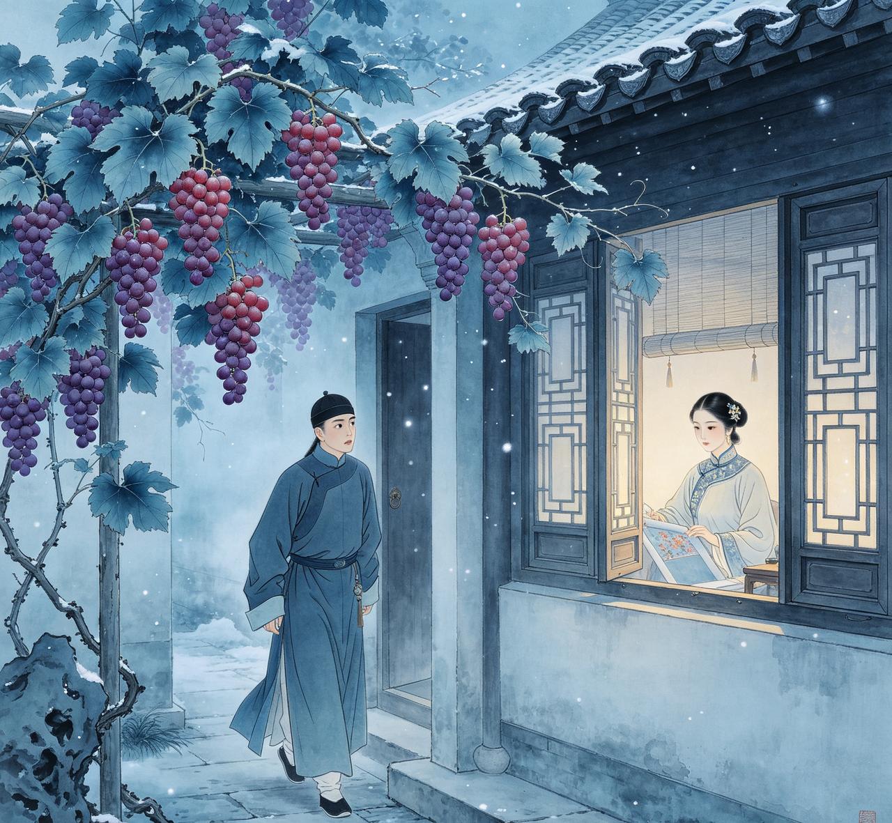 隆冬时节，清朝人聂筠士进入一处曲折幽深庭院，迷了回去的路，院子中一架葡萄果实红紫