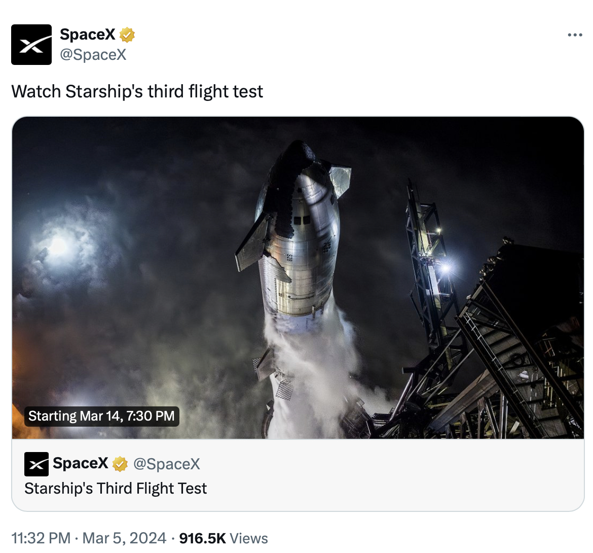 星舰三次飞行测试，预计于北京时间3月14日19时30分开始。截图来自SpaceX