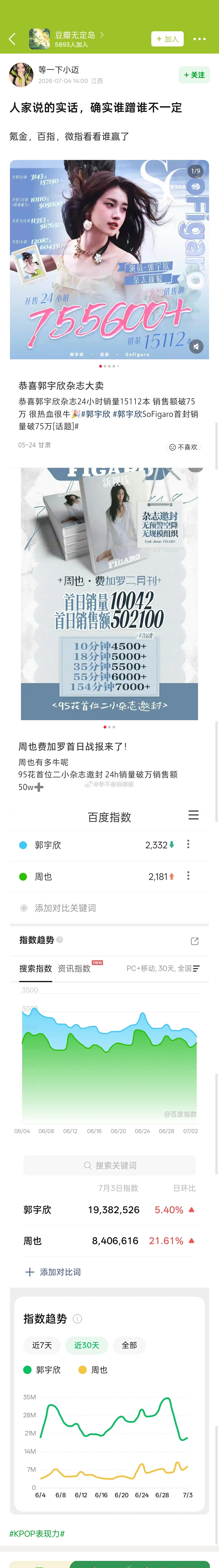 有网友把郭宇欣和周也的数据做对比，发现郭宇欣真的比周也数据好