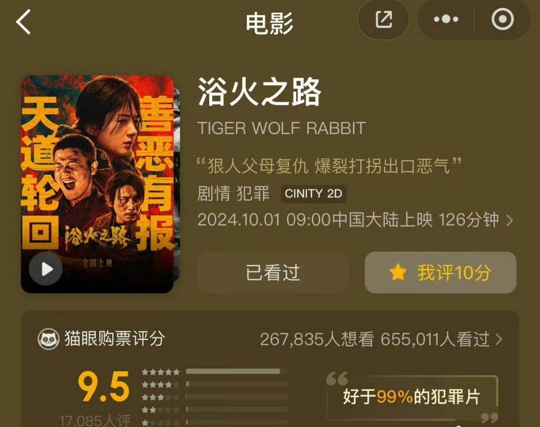 #浴火之路开分9.5#剧情好演技好口碑后续一定会更好，好看的电影，路人看的见[打