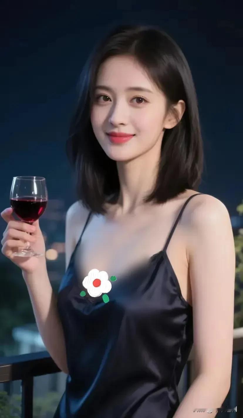 藏青缎面吊带裙衬着夜景露台，红酒杯点缀揉出慵懒又妩媚的微醺氛围感🍷
气质吊带黑