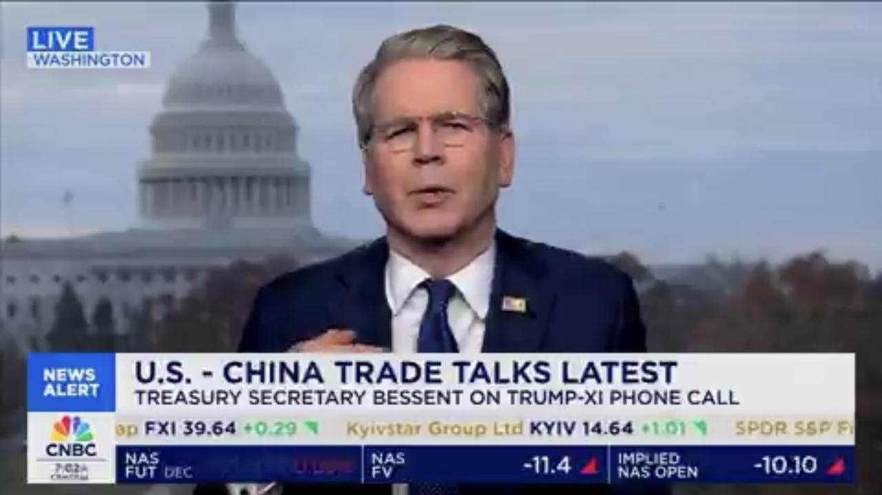 美国财政部长贝森特在谈到美中关系时说：“我们之间的关系处于良好状态……如果一年举