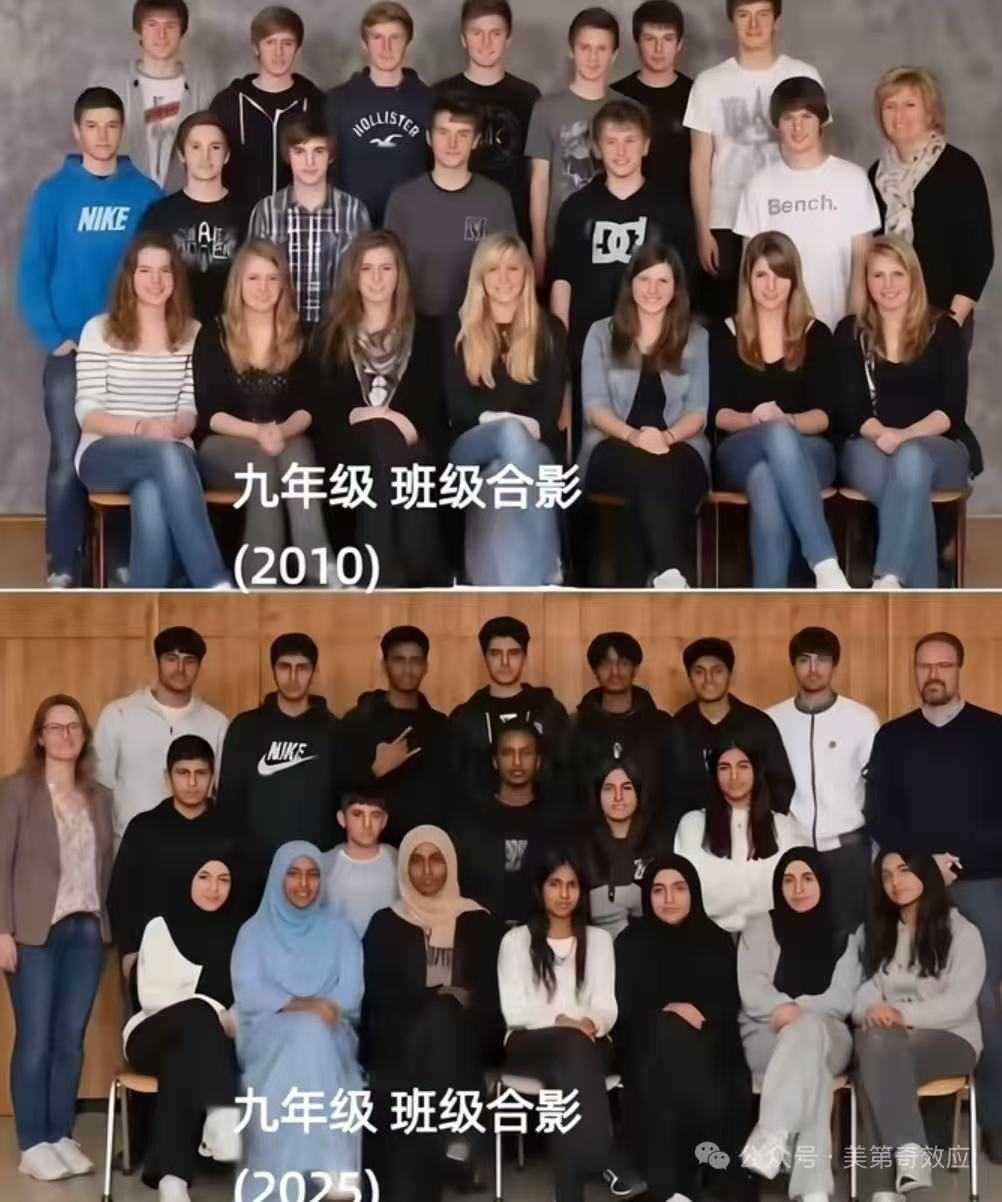 欧洲同一所公立学校的合影照片，15年变化巨大，这也许就欧洲社会进化史的缩影！