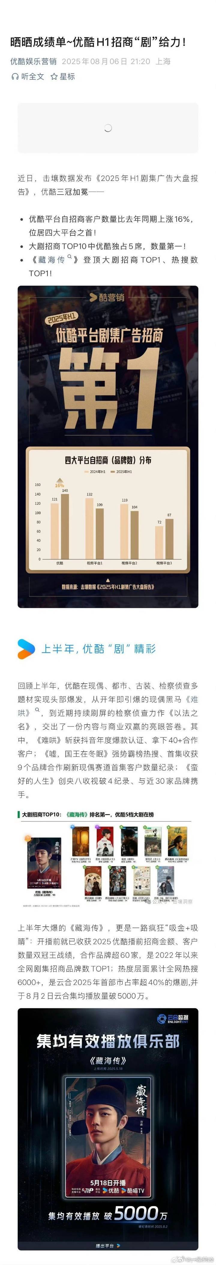 优酷和业内都清楚哪部剧最赚钱这个问题只有一个标准答案那就是： ​​​