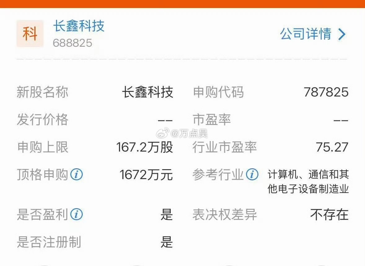长鑫科技：行业市盈率75.27…