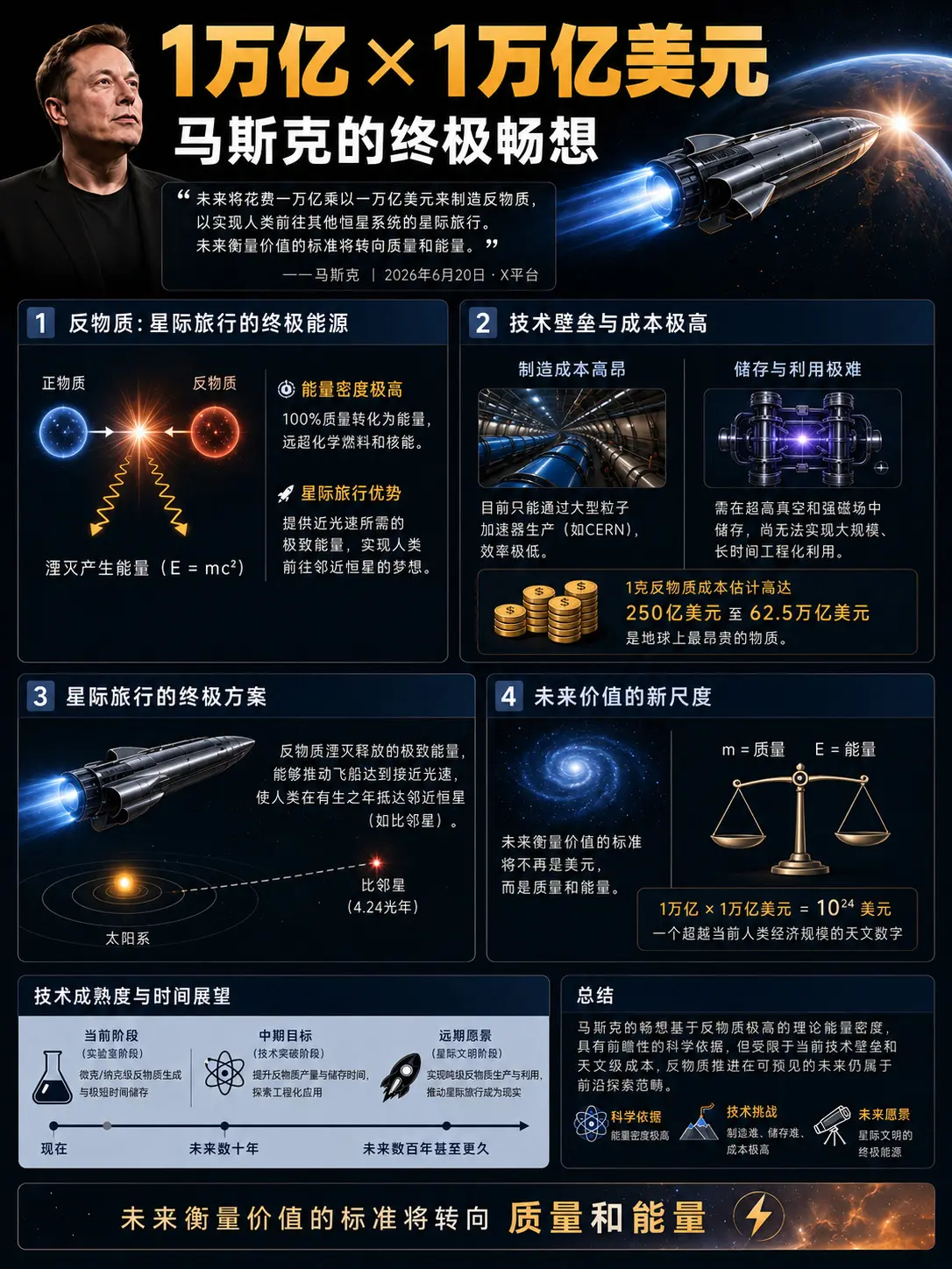 马斯克的终极畅想。“未来将花费“一万亿乘以一万亿美元”来制造反物质，以...