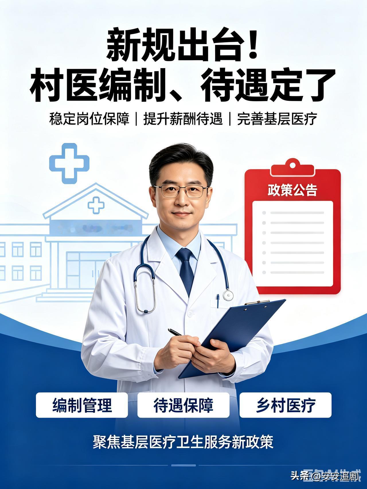 新规出台！村医编制、待遇定了
 
长久以来，身份模糊、编制稀缺、收入浮动、养老无