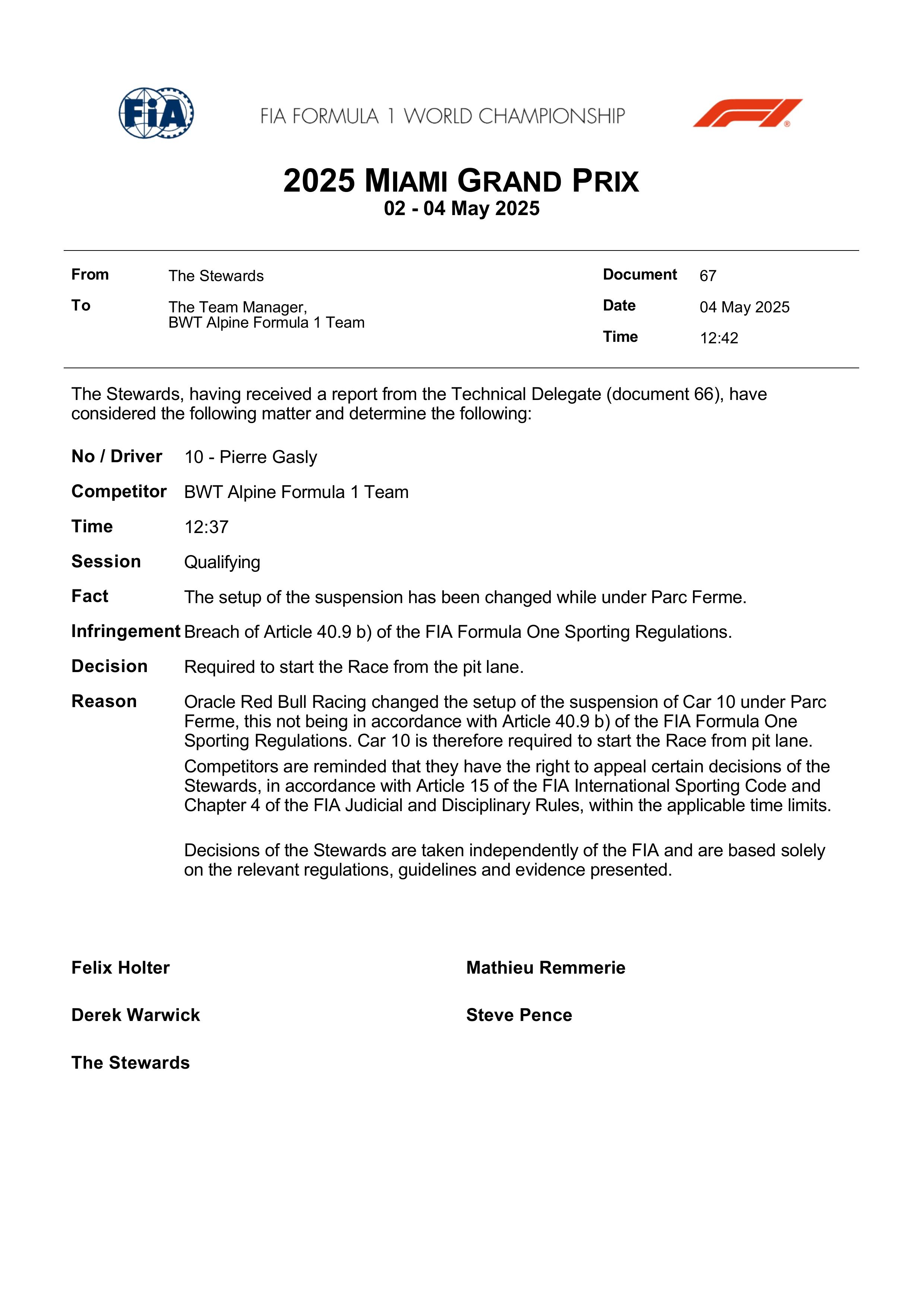 F1 Alpine车队为加斯利修改悬架设定，加斯利将在正赛中从维修区发车。202