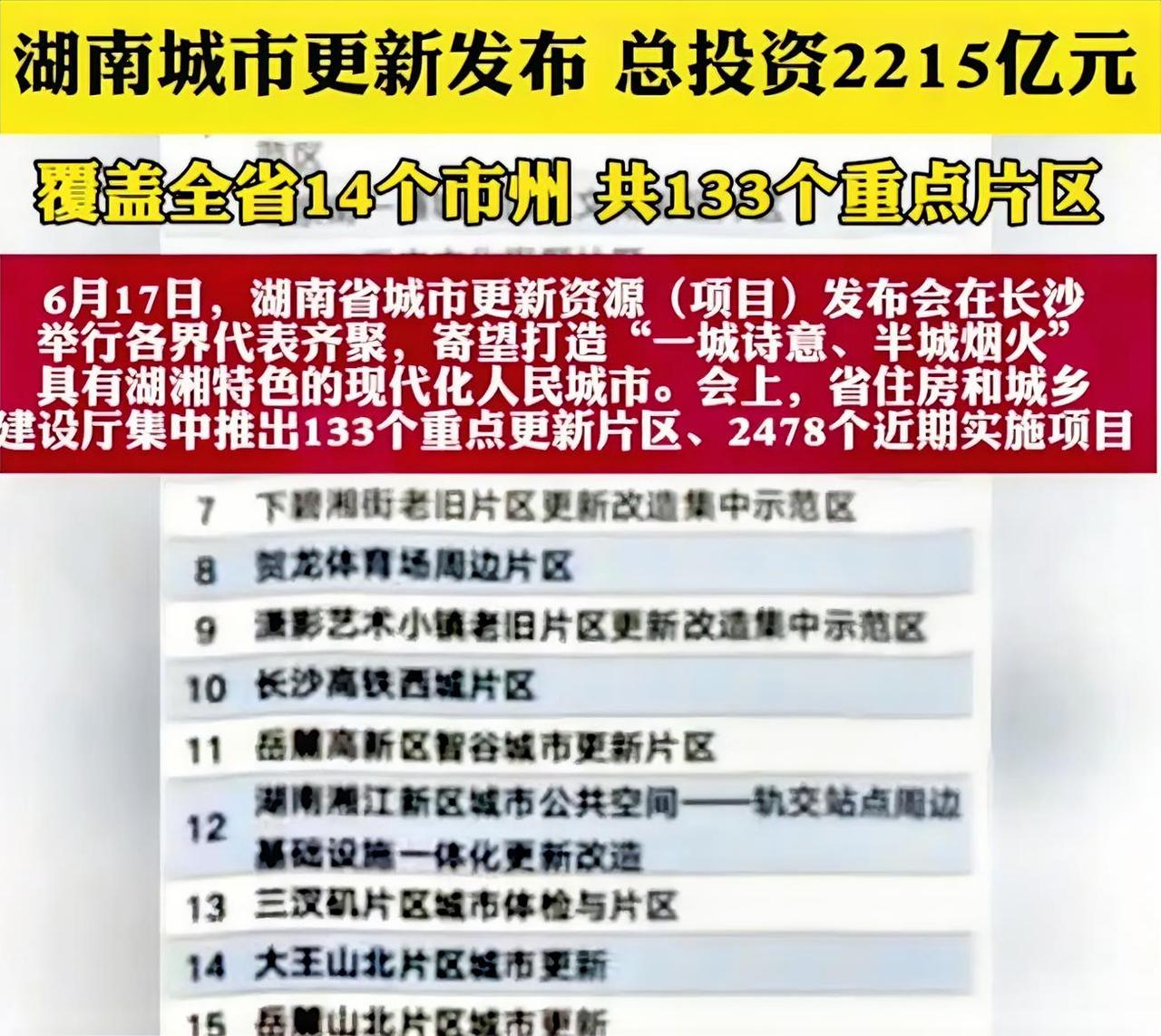 2026年，湖南省发布的城市重点片区，十四个地级市中共计133个片区，总投资是2