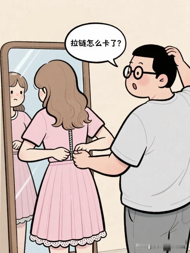搞笑漫画：过年胖了一圈，老婆试了去年的裙子，拉链卡住了。 她问老公：“你觉得我胖