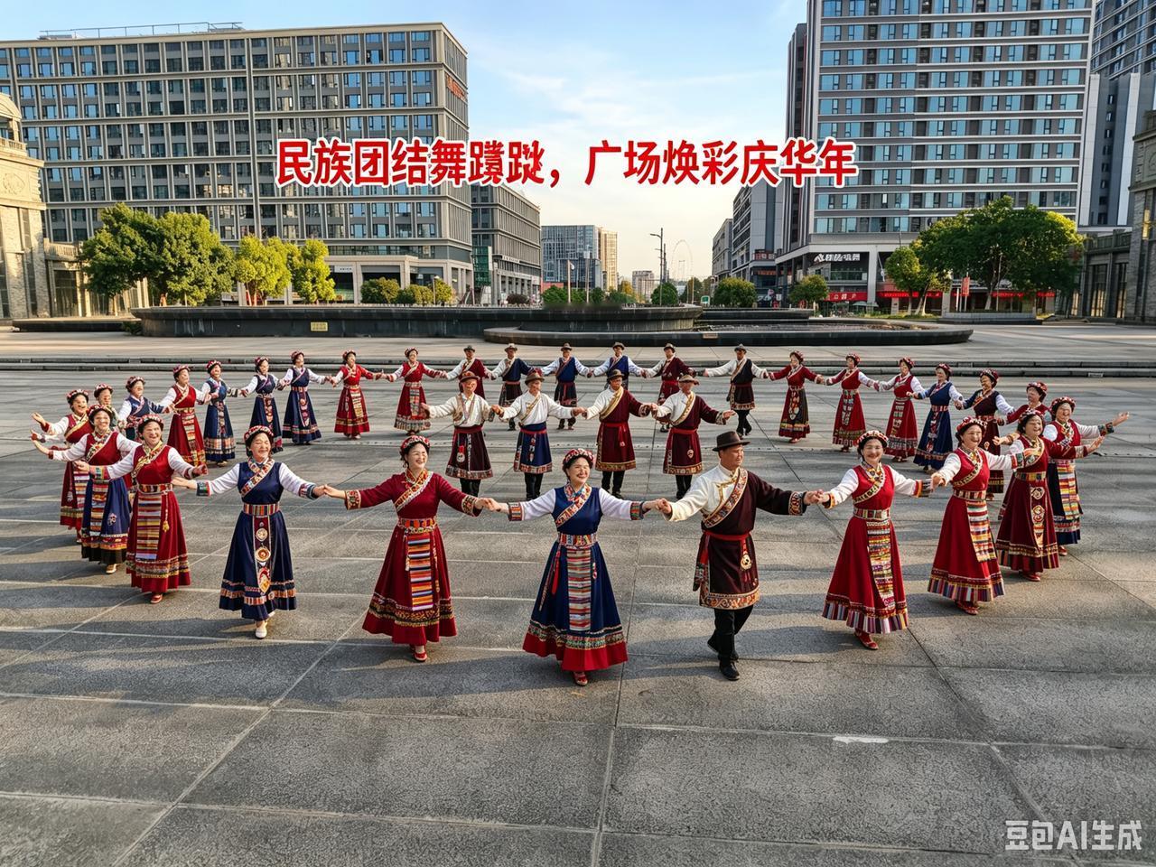 广场宽宽敞敞亮堂堂，
男女老少衣裳一样样。
踩着节拍跳起民族舞，
热闹场面看着真