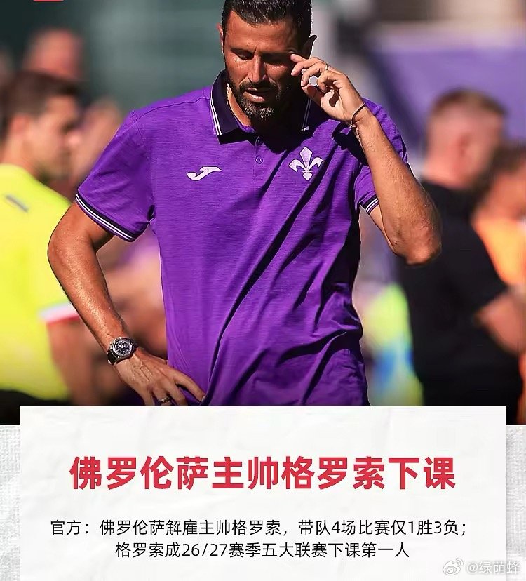 9月7日讯 佛罗伦萨官方宣布，已于今日解雇主帅格罗索。佛罗伦萨官方公告写道：“佛