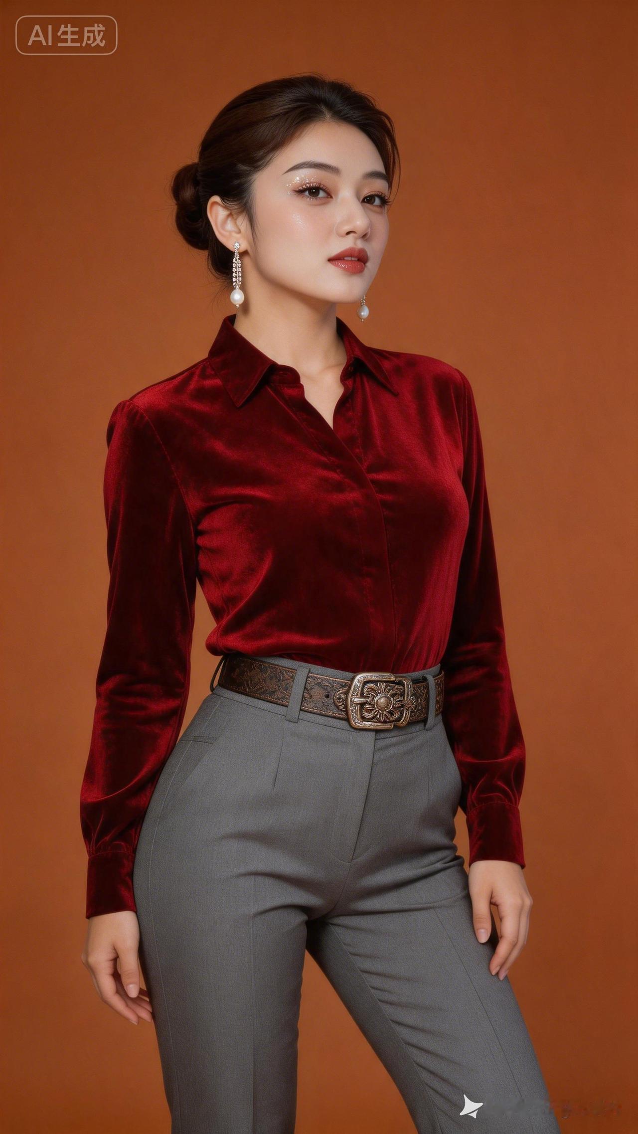 优雅红丝绒衬衫搭配灰色西装裤，尽显职场女性魅力！