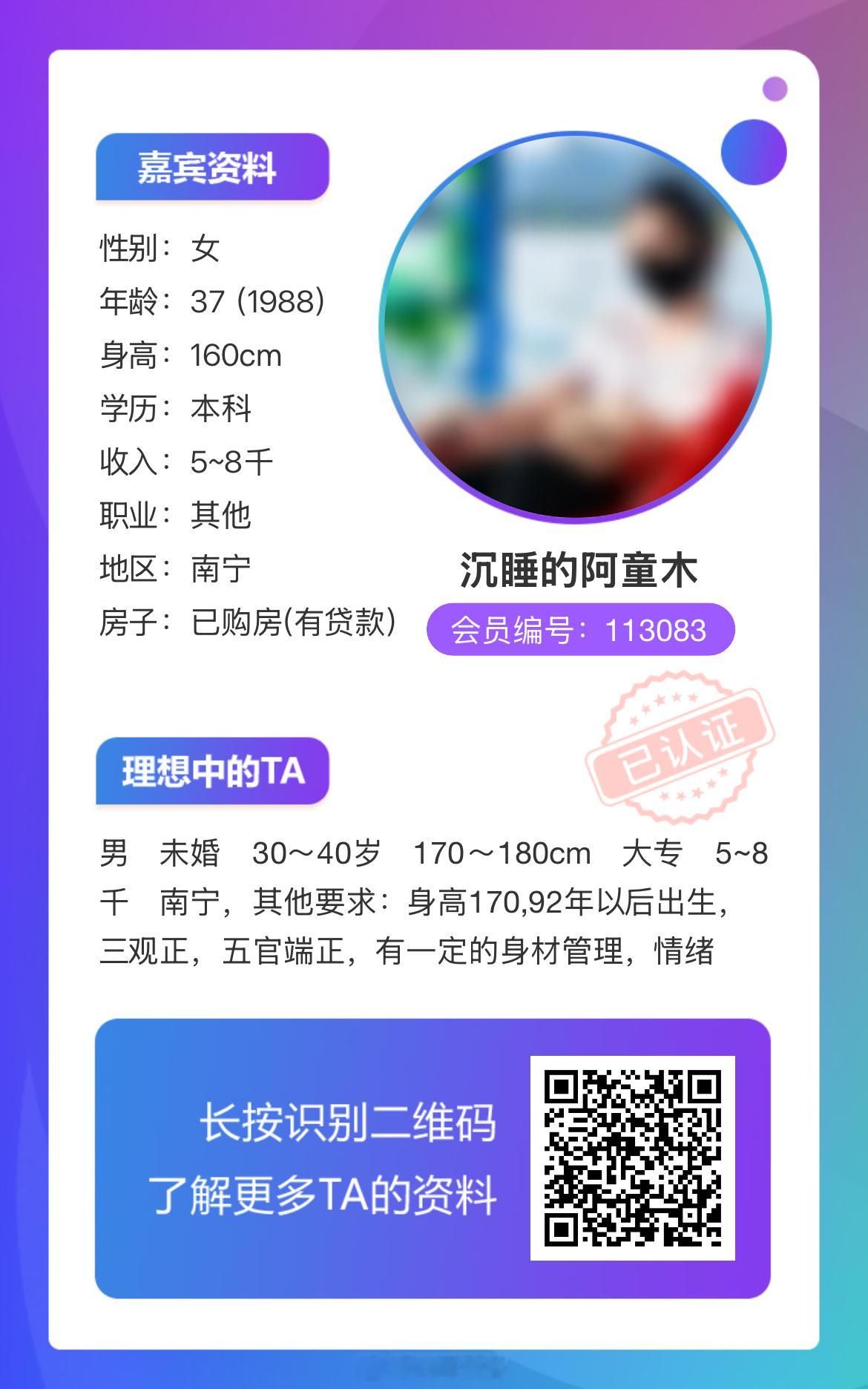 113083女嘉宾：88年，身高160，现居南宁，详情如下↓ 