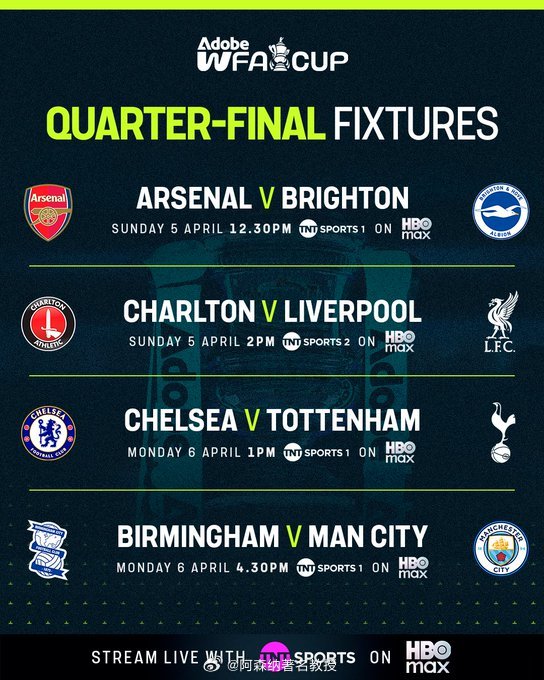 周日和周一，TNT SPORT将为您带来四场女子足总杯四分之一决赛，敬请收看 足