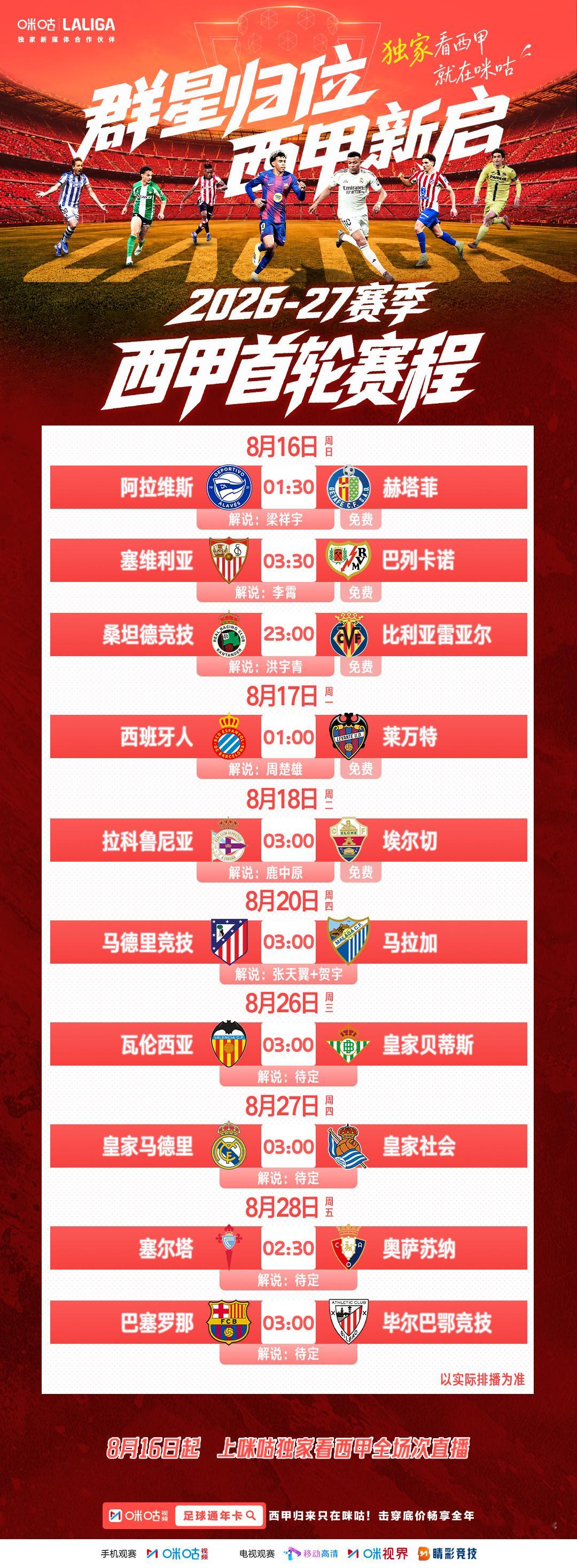 欧洲五大联赛，西甲最早开赛，印象中这还是第一次。西甲揭幕战时间是明天凌晨(8月1