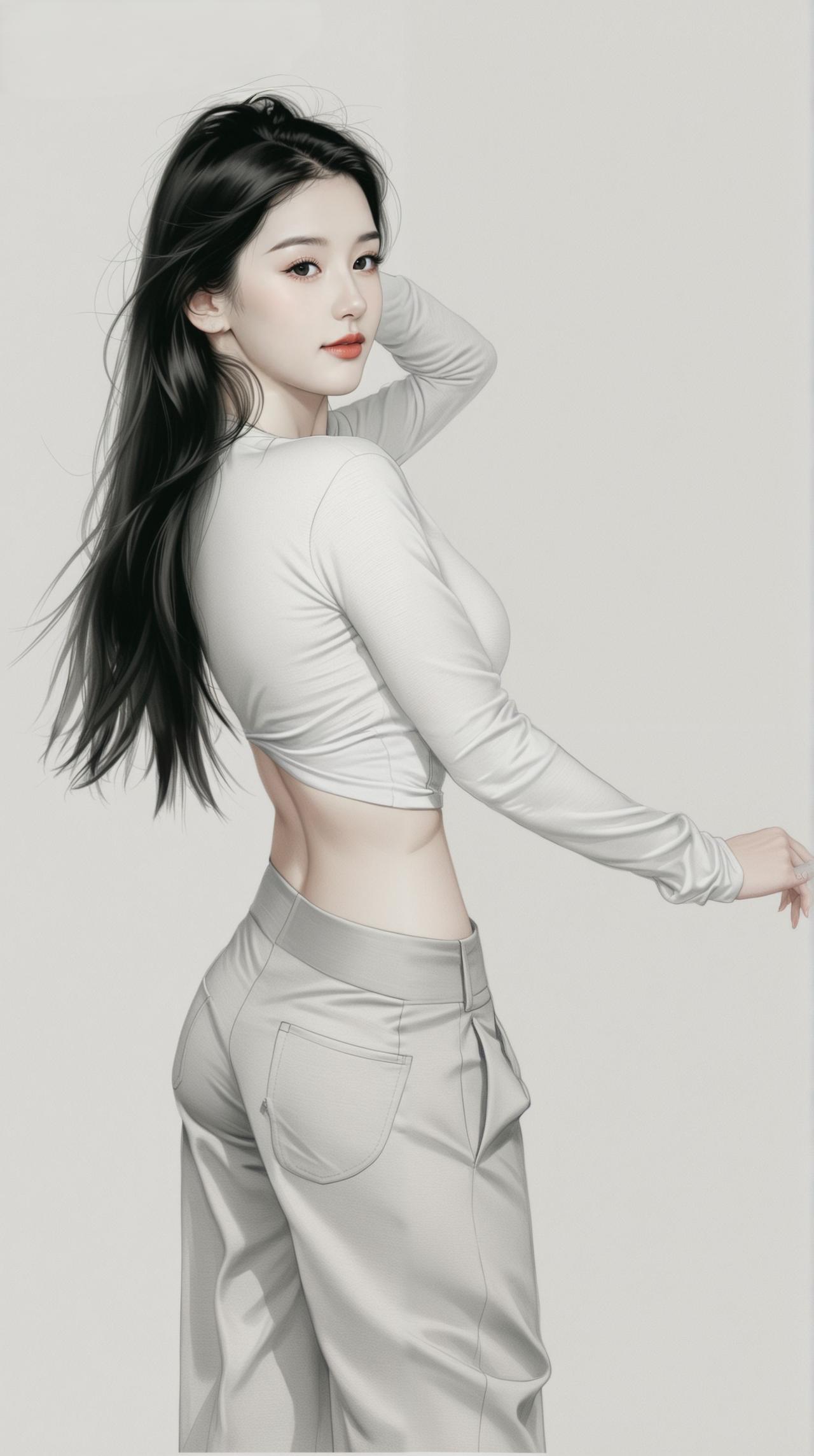 一个长发女孩穿着休闲装摆姿势。