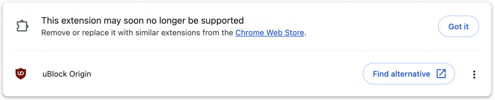Chrome开始警告 uBlock Origin 用户了。在 Chrome 版本