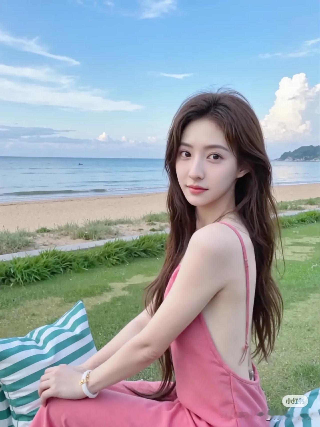 碧海潮生处，美人倚岸来。海滨美人照 高雅气质美女 美女小姐姐