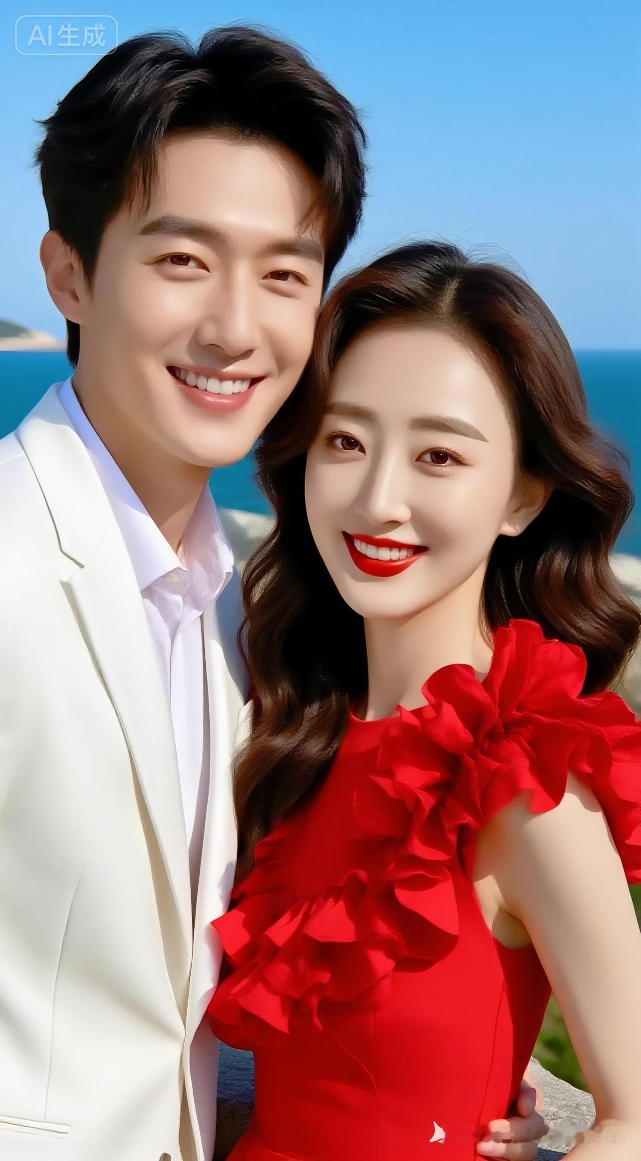 海边浪漫约会，红衣美人与白衣帅哥的甜蜜瞬间🌊💏