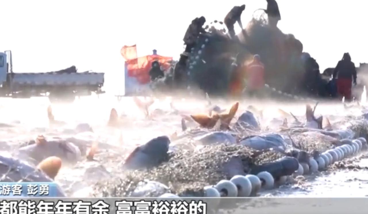查干湖的冰面上，冬捕的盛景正热闹上演。渔网拉起时，肥美的鱼儿跃出水面，“冰院子”