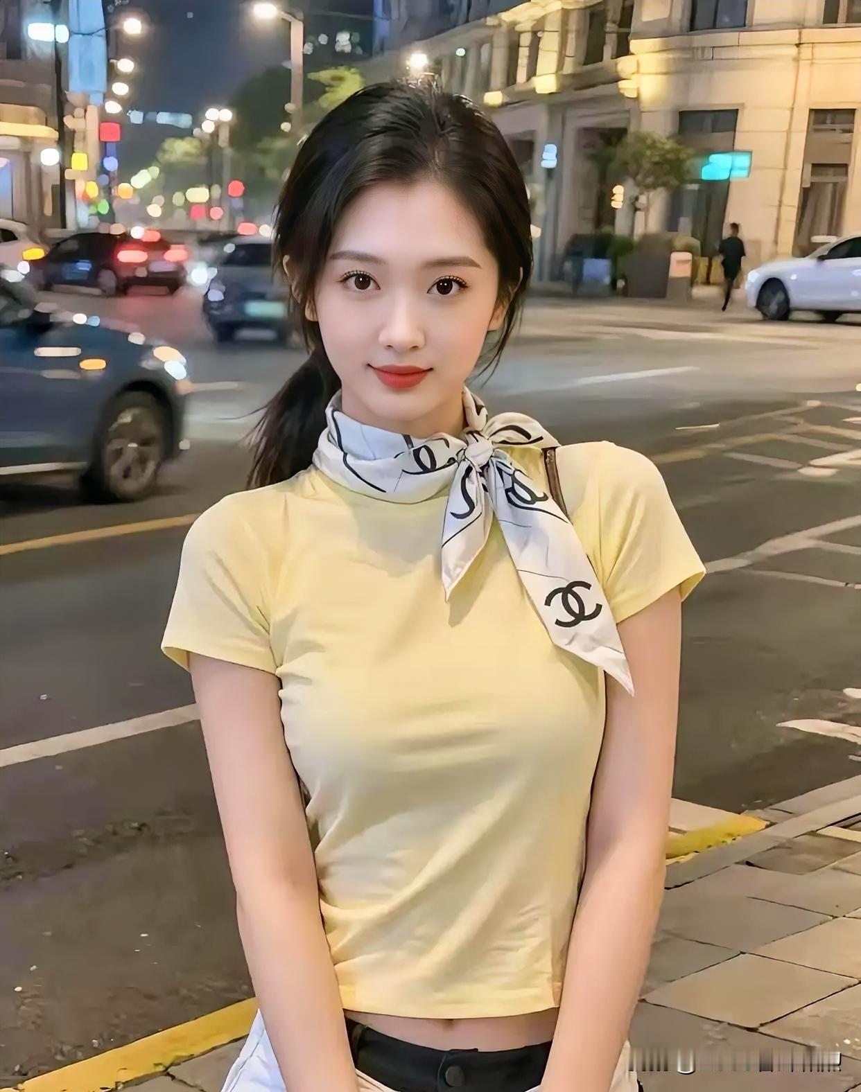 夜色阑珊，流光溢彩。一袭鹅黄上衣点亮都市霓虹，颈间丝巾轻舞，曼妙身姿与繁华街景交