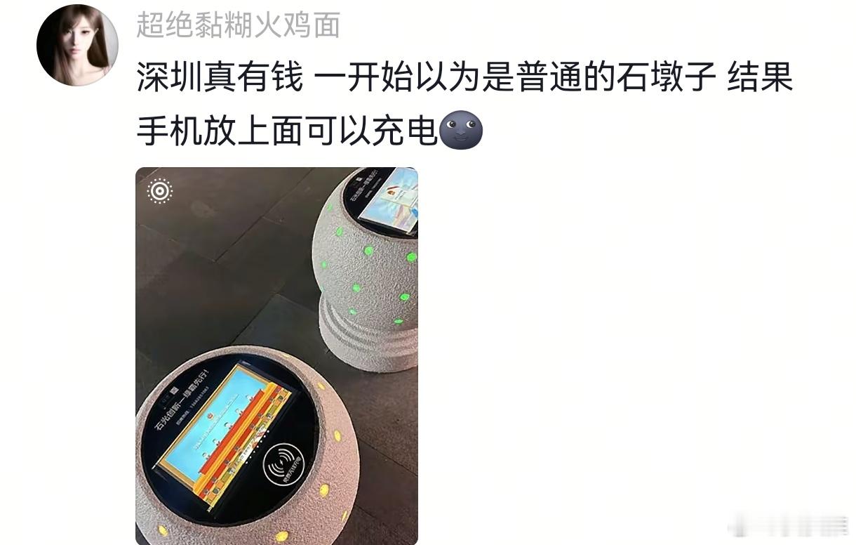 网友:深圳真有钱，一开始以为是普通的石墩子，结果手机放上面可以充电😃 ​​​