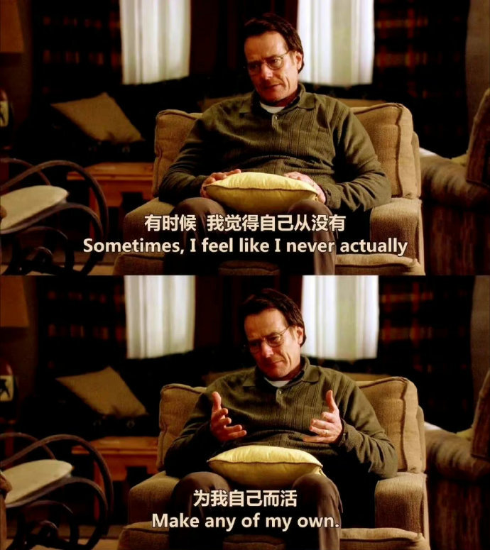 “有时候我觉得自己从没有，为我自己而活”。——《绝命毒师第一季》