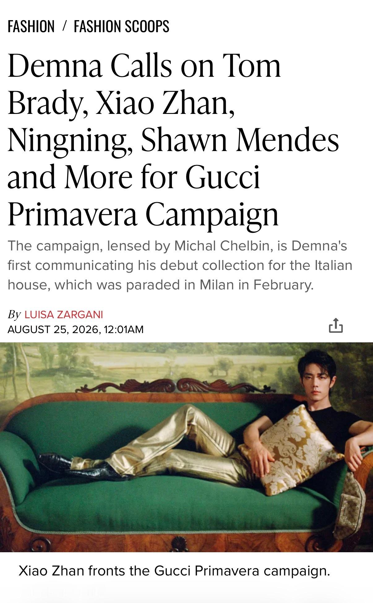 据WWD，代言人肖战即将拿下GUCCI 2026秋冬全球成衣广告，真当家面孔🔥