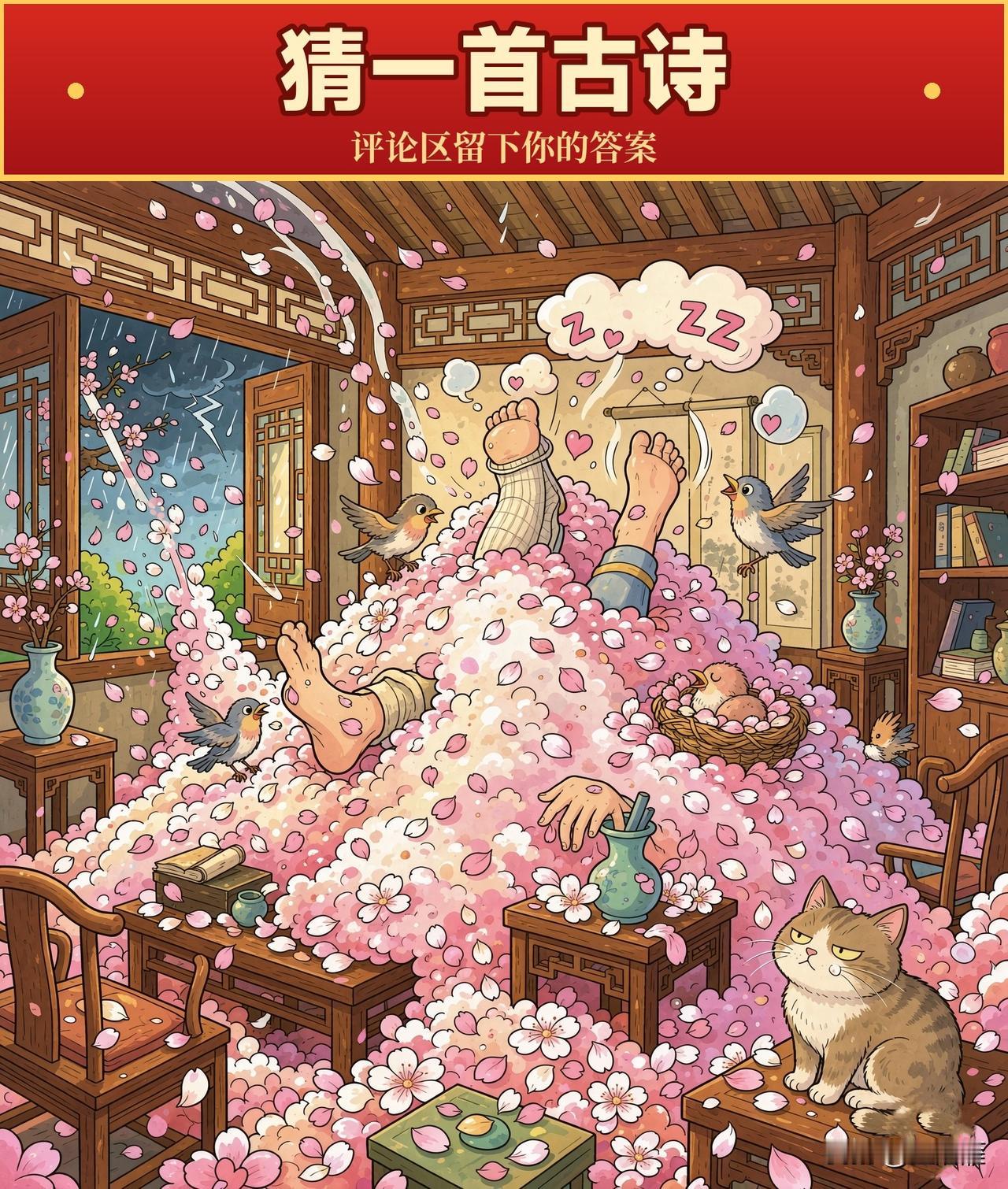 看图猜古诗！
昨晚一场风雨，这位老哥就被"活埋"了：满屋花瓣堆到房梁，只露出一只